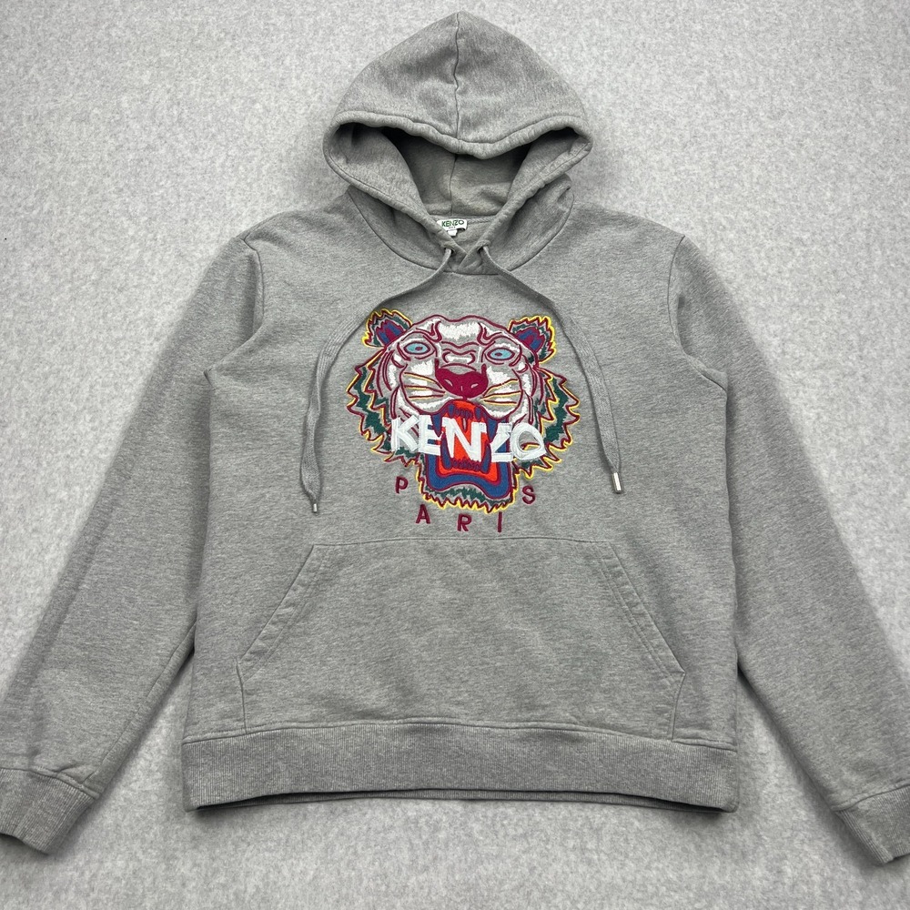 Kenzo Paris Hoodie Mens Medium Gray Tiger Embroidered Fleece Pullover Sweatshirt